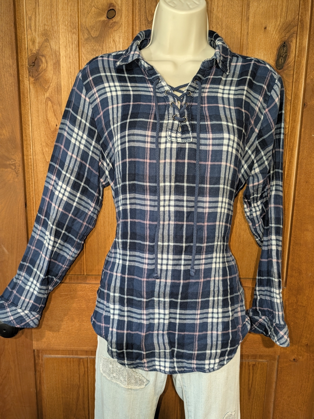 Women's Navy Plaid Lace-Up Long Sleeve Top